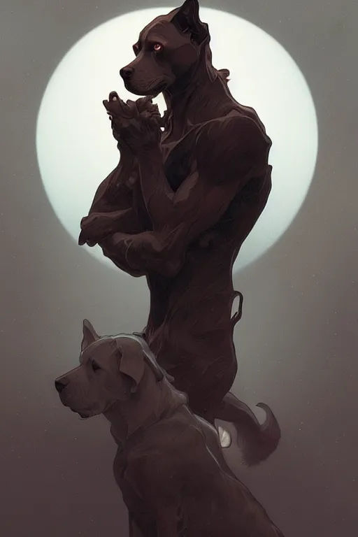 Image similar to a portrait of the dogman, fantasy, sharp focus, intricate, elegant, digital painting, artstation, matte, highly detailed, concept art, illustration, ambient lighting, art by ilya kuvshinov, artgerm, alphonse mucha, and greg rutkowski