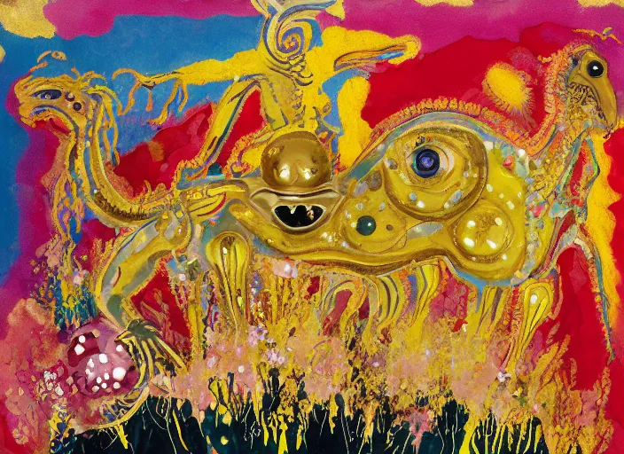 Image similar to expressionistic decollage painting golden armor alien zombie horseman riding on a crystal bone dragon broken rainbow diamond maggot horse in a blossoming meadow full of colorful mushrooms and golden foil toad blobs in a golden sunset, distant forest horizon, painted by Mark Rothko, Helen Frankenthaler, Danny Fox and Hilma af Klint, graffiti buff, pixel, glitch, semiabstract, color field painting, byzantine art, microsoft paint art, pop art look, naive, outsider art, very coherent symmetrical artwork. Bekinski painting, part by Philip Guston and Adrian Ghenie, art by George Condo, 8k, extreme detail, intricate detail, masterpiece