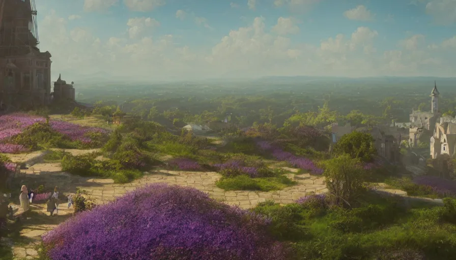 Image similar to landscape painting drone shot of violet evergarden facing away standing on a distant colorful flower hill, behind it a distant old european city leiden, ocean, sunshine, fantasy, intricate, elegant, highly detailed, digital painting, artstation, blender, unreal engine 5, octane render, smooth, sharp focus, illustration, by greg rutkowski