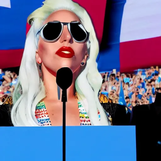 Image similar to Lady Gaga with detailed face as president, Argentina presidential rally, Argentine flags behind, bokeh, giving a speech, Argentina