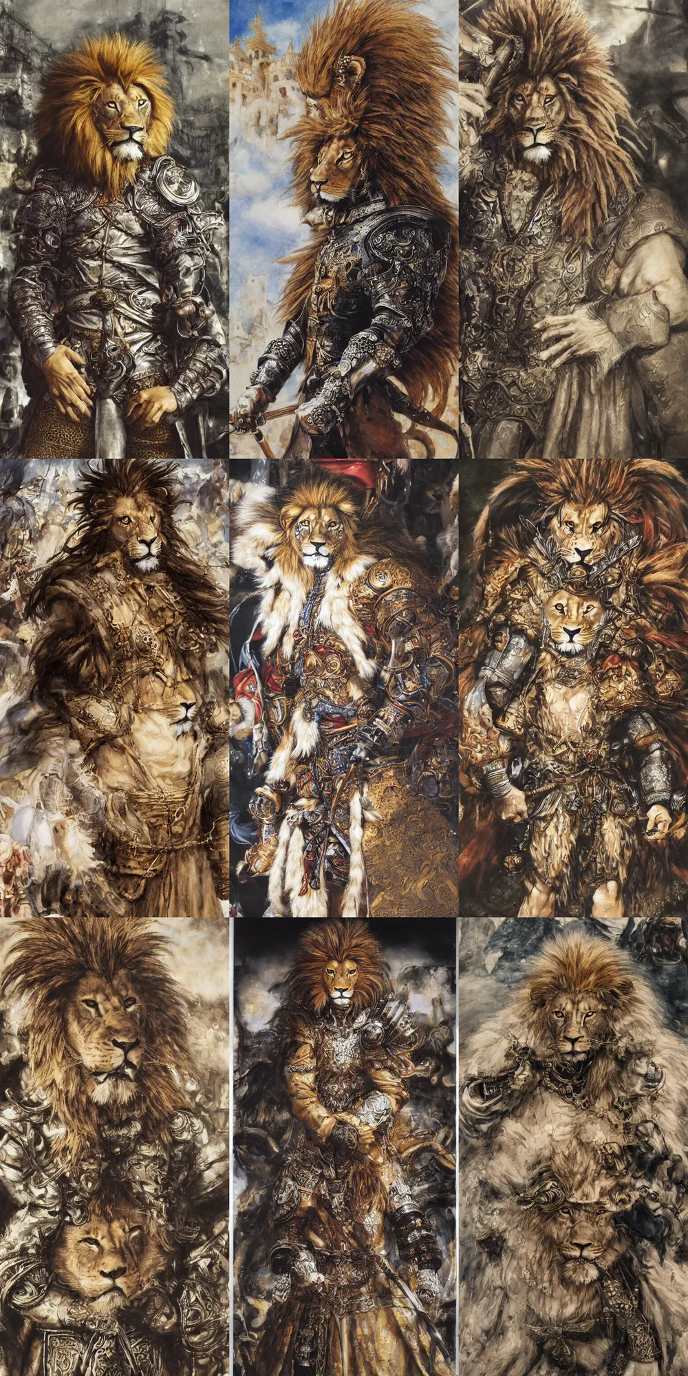 Image similar to 8 k yoshitaka amano painting of upper body of a young cool looking lion beastman with white mane at a medieval market at windy day. depth of field. he is wearing complex fantasy clothing. he has huge paws. renaissance style lighting.