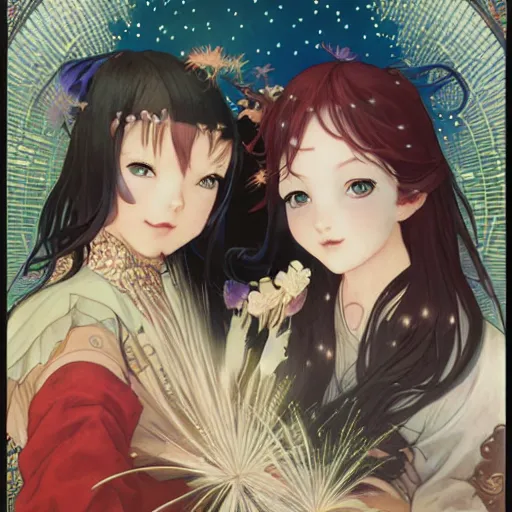 Image similar to two beautiful girls watching fireworks, digital art, by range murata, akiyuki shinbou, alphonse mucha, masamune shirow, josan gonzales, highly detailed, realistic, cinematic