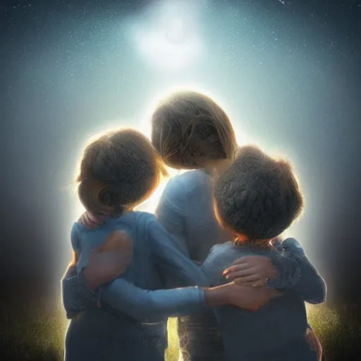 Image similar to “A family hugging each other for the last time as the world is ending, meteors are falling from the sky, everything is on fire, dramatic lighting, digital art, very very very very very very beautiful, 8K, dark lighting, trending on Artstation, award winning”