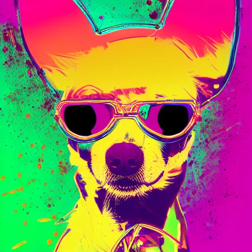 Prompt: illustration of cyberpunk chihuahua in vr helmet, colorful splatters, by andy warhol and by zac retz and by kezie demessance