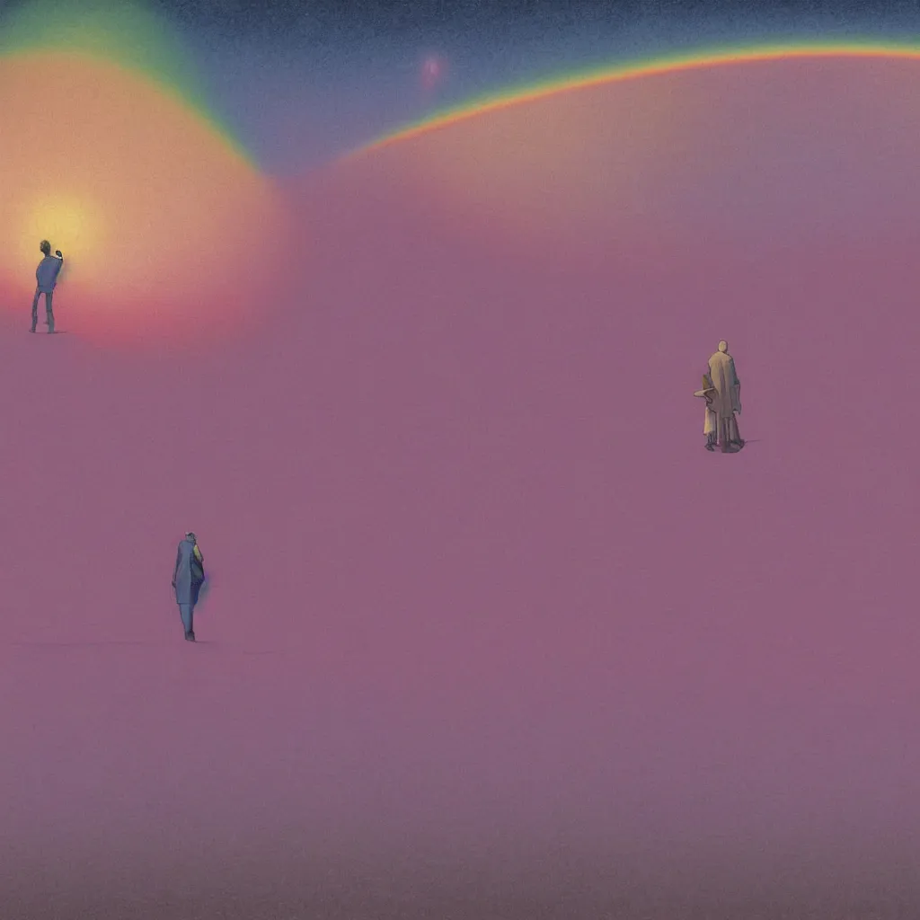 Image similar to a scifi apocalipse in space of a spiritual being dreaming psychedelic hallucinations in cosmos, rainbow colored clouds, by kawase hasui, moebius, Edward Hopper and James Gilleard, Zdzislaw Beksinski, Steven Outram, unreal engine, highly rendered, hd, 8k, artstation