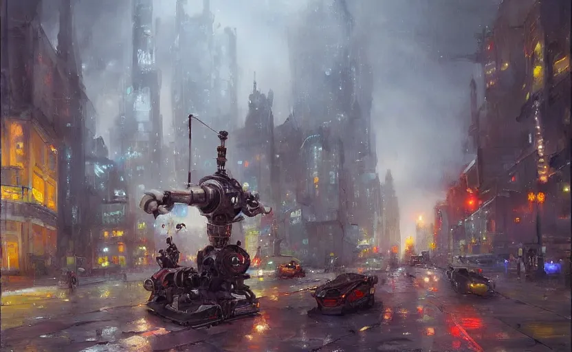 Prompt: Alchemy mech robot gloomy city. By Konstantin Razumov, highly detailded