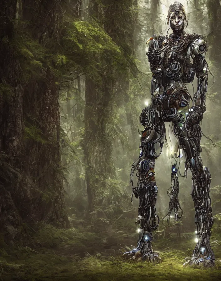 Prompt: druid cyborg in Nordic forest, photorealistic, 4k