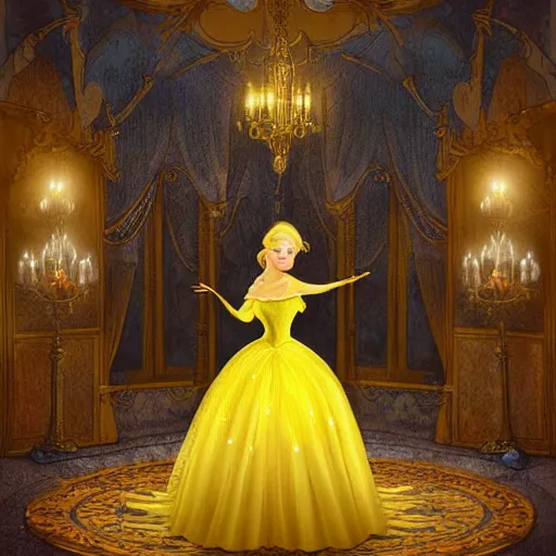 Image similar to cinderella dressed in the world's most beautiful yellow ballgown stands gracefully in the middle of a magical ballroom of a fairytale castle, spotlight on her. highly detailed fantasy art, ultra realistic, digital art, dreamy atmosphere and soft illumination