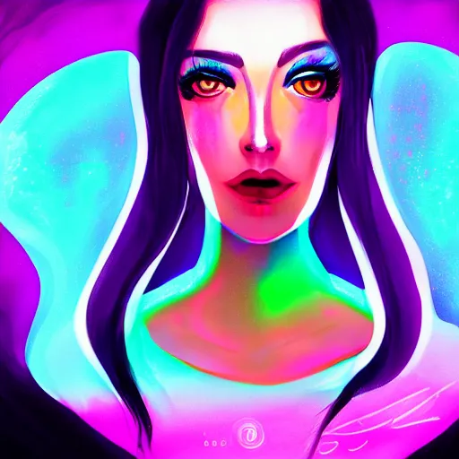 Image similar to portrait of a woman inspired by lois van baarle, iridescent, holographic, neon, glowing, self confidence, light make up