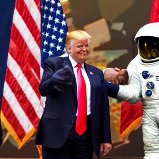 Image similar to donald trump shaking hands with astronaut cat