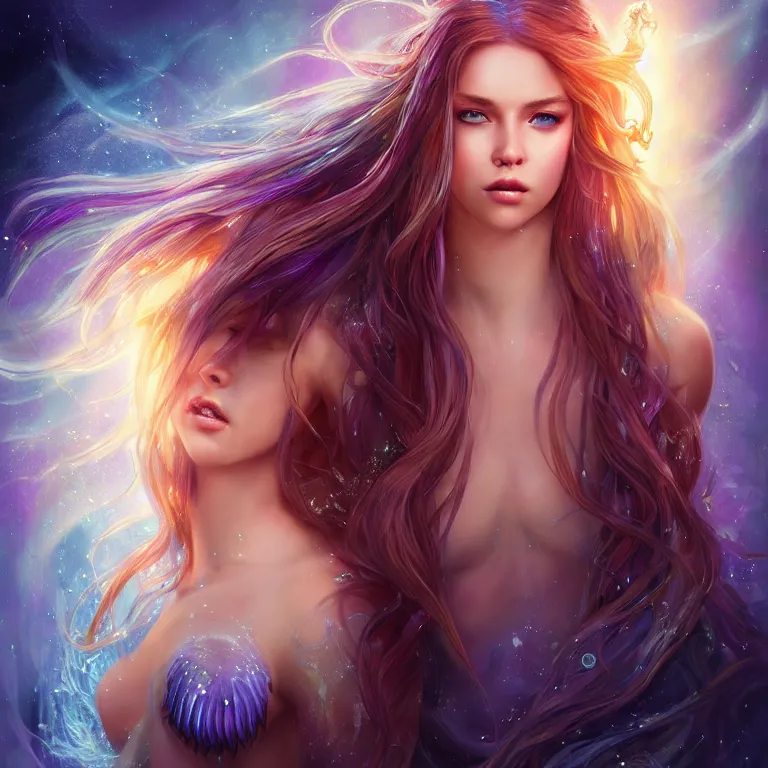 Image similar to beautiful cinematic fantasy poster, a beautiful glistening mermaid with flowing hair, beautiful glowing galaxy eyes, hybrid from The Elden Ring and art direction by Darius Zawadzki ;by artgerm; wayne reynolds art station; cinematic quality character render; low angle; ultra high quality model; production quality cinema model;