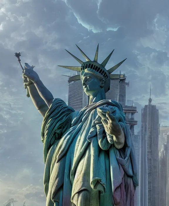Prompt: highly detailed digital matte painting of a Lady Liberty statue with overgrowth Full shot. By Raphael LaCoste and Ruan Jia and Robert McCall, postcyberpunk, geodesic dome, hyperdetailed, sunrise, wide shot, autochrome, octane render