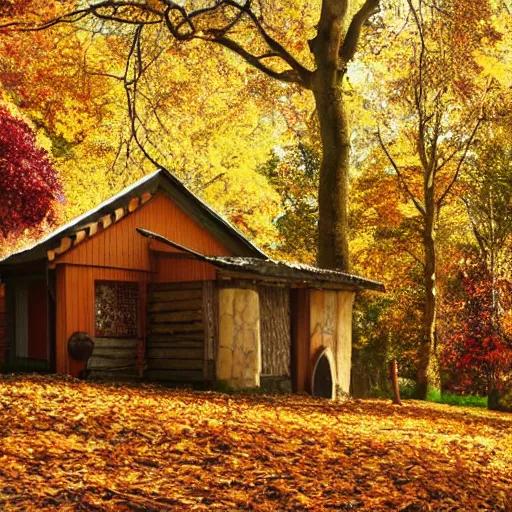 Image similar to autumn with fallen leaves, some wooden barrels outside the wooden house, the setting sun shines on the house and the ground, warm yellow tones, ilustration