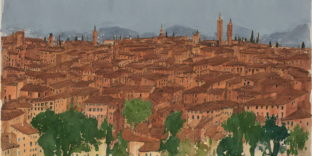 Prompt: watercolor, verona city by david hockney, sergio toppi