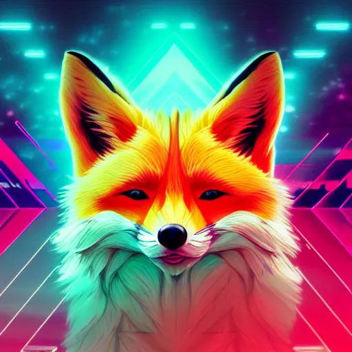 Prompt: digital fox, retrowave palette, geometric digital world, highly detailed, electric breeze, anatomically correct vulpine, synth feel, fluffy face, ear floof, flowing fur, super realism, accurate animal imagery, 4 k digital art