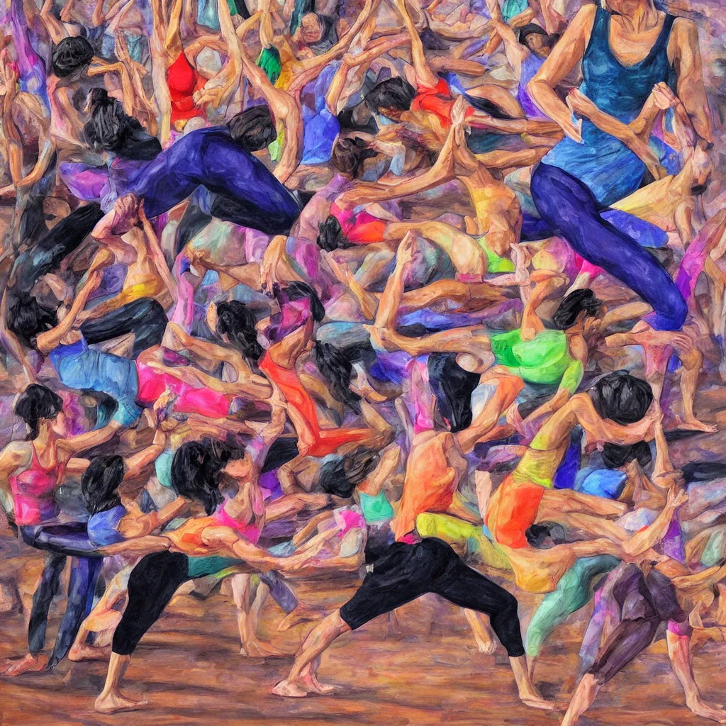 Image similar to chaotic yoga fitness teacher, expressive, hyperrealism, photorealistic