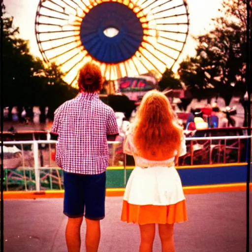 Image similar to nostalgic 8 0 s nikon photo of a young couple waiting in line by a ferris wheel, sunset, small town carnival in the midwest