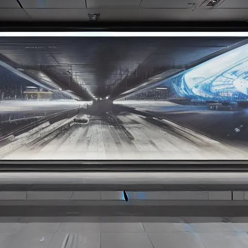 Image similar to sci-fi organic brutalism speed dynamic o x u airport interior wall panel on the coronation of napoleon painting and digital billboard in the middle, unreal engine 5, keyshot, octane, artstation trending, ultra high detail, ultra realistic, cinematic, 8k, 16k, in style of zaha hadid, in style of nanospace artstation, in plastic,dark, tilt shift,