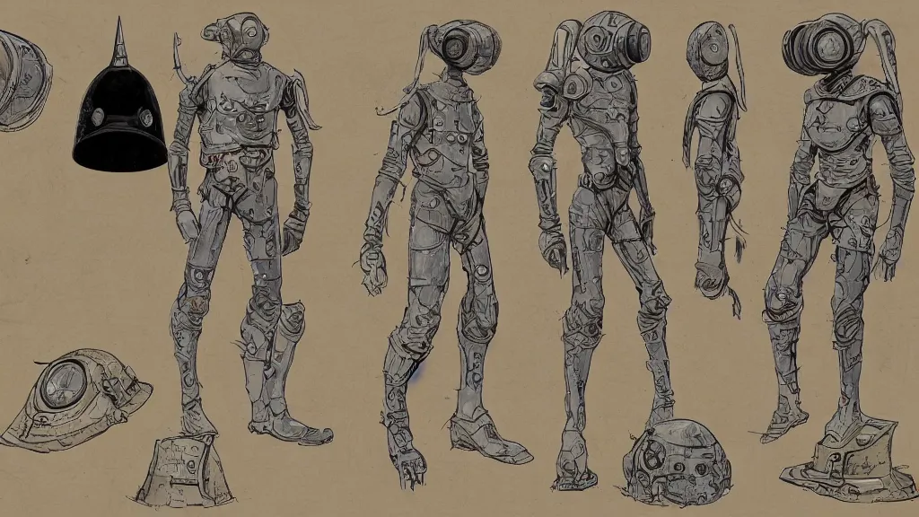 Image similar to aged paper, concept art, colorful character sheet for a male extraterrestrial warlord wearing victorian diving helmet, retrofuture, fantastic planet, moebius, valerian, coherent, illustration, digital art, trending on artstation, hd, 8 k, good lighting, beautiful, rough paper, masterpiece