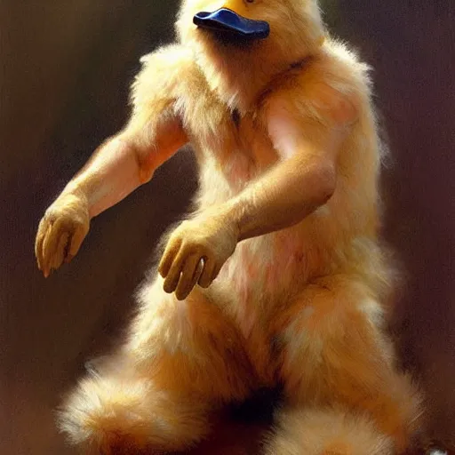 Image similar to a portrait of a furry duck wearing a tshirt and pants, hairy, furry body, furry chest, furry arms, furry legs, tail. highly detailed painting by gaston bussiere, craig mullins, j. c. leyendecker, furry