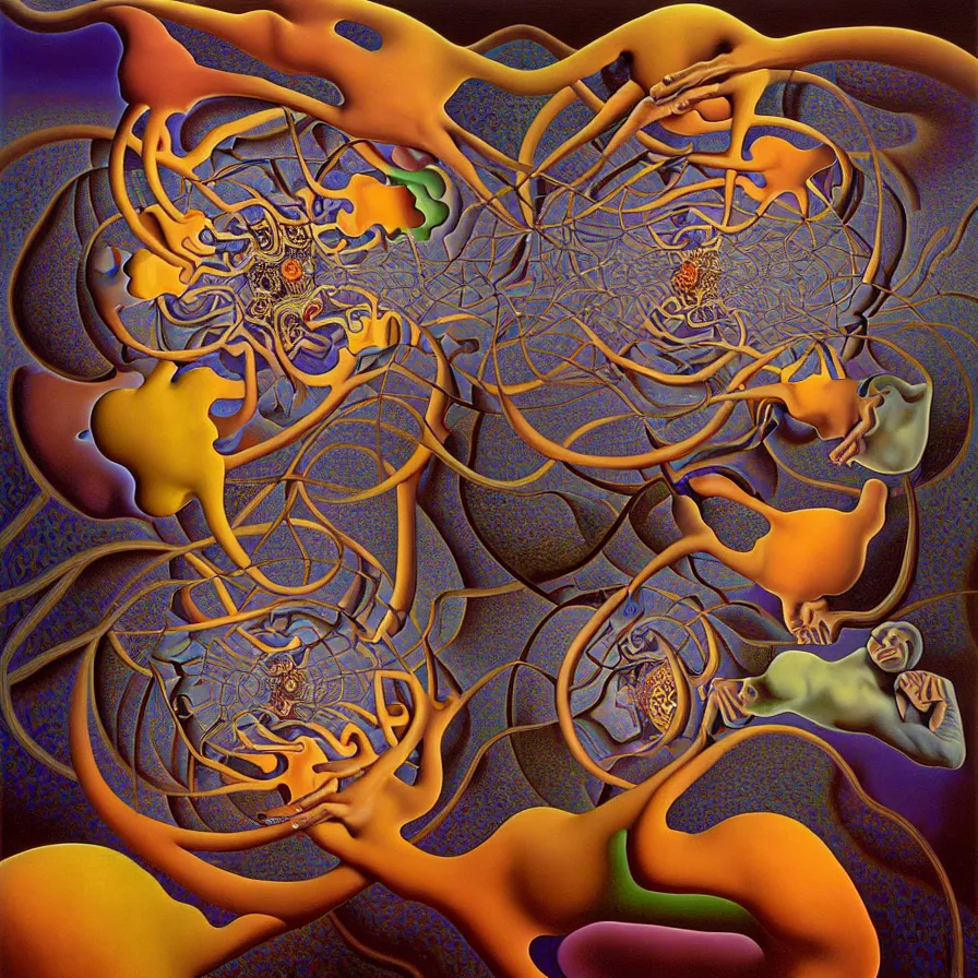 Image similar to strange loop of consciousness, recursion, fractals, surreal, by salvador dali and mc escher and alex grey, oil on canvas, weird, dreams, fantasy, intricate details, soft lighting, warm colors