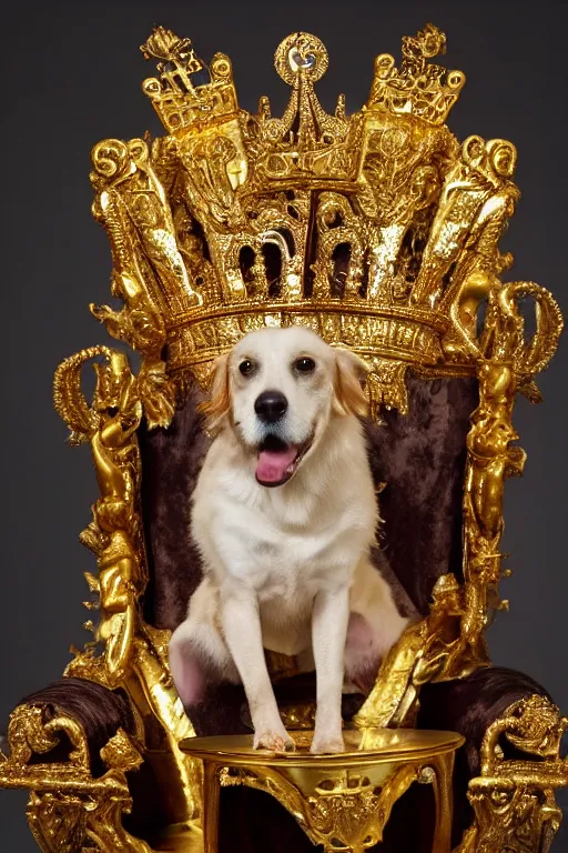 Image similar to a dog sitting on a gold throne with a crown on its head, photography