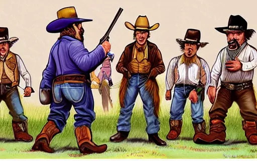 Prompt: photorealistic full - color storybook illustration of : during a hoedown at a saloon in the old west, an angry anthropomorphic raccoon dressed as a cowboy is having a duel with “ daniel day - lewis ” and they are holding revolvers. frightened “ nancy reagan ” is watching them. color professional hyper - realistic drawing.