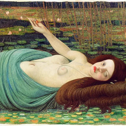 Image similar to ophelia, laying flat submerged in water, close up portrait, under the river amongst the reeds, fully covered in robes and lake foliage, weeds reeds, fully clothed in flowing medieval robes, by botticelli devinci rosetti and monet, 8 k