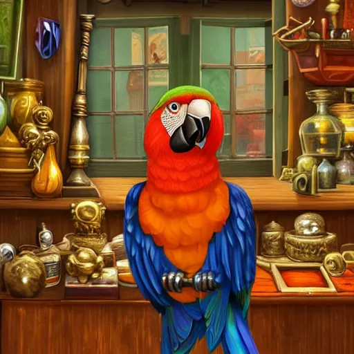 Image similar to Anthropomorphized parrot trader in his shop, selling his wares, portrait, items, gold, magic potions, carpet, window, sly expression , cunning expression, cute expression, beautiful beak, presenting wares, holding a gold bag, D&D, fantasy, cinematic lighting, highly detailed, digital painting, artstation, concept art, smooth, sharp focus, illustration, warm light, cozy warm tint, magic the gathering artwork, volumetric lighting, 8k, art by Akihiko Yoshida, Greg Rutkowski