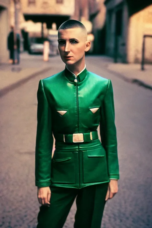 Prompt: ektachrome, 3 5 mm, highly detailed : incredibly realistic, demure, perfect features, buzz cut, beautiful three point perspective extreme closeup 3 / 4 portrait photo in style of chiaroscuro style 1 9 8 0's flight suit cosplay rome seinen manga street photography vogue italia fashion edition