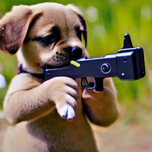 Prompt: a cute little puppy pointing a toy gun at the camera