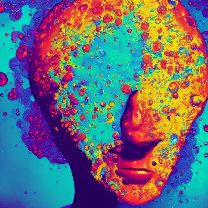 Image similar to illustration of a colorful melting human head. acrylic bubbles and flowers, ferrofluids, water distortions. intricate abstract. intricate artwork. beeple