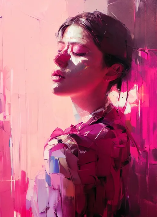 Prompt: indoor portrait of a beautiful girl, eyes closed, shades of pink, beautiful face, rule of thirds, intricate outfit, spotlight, by greg rutkowski, by jeremy mann, by francoise nielly, digital painting