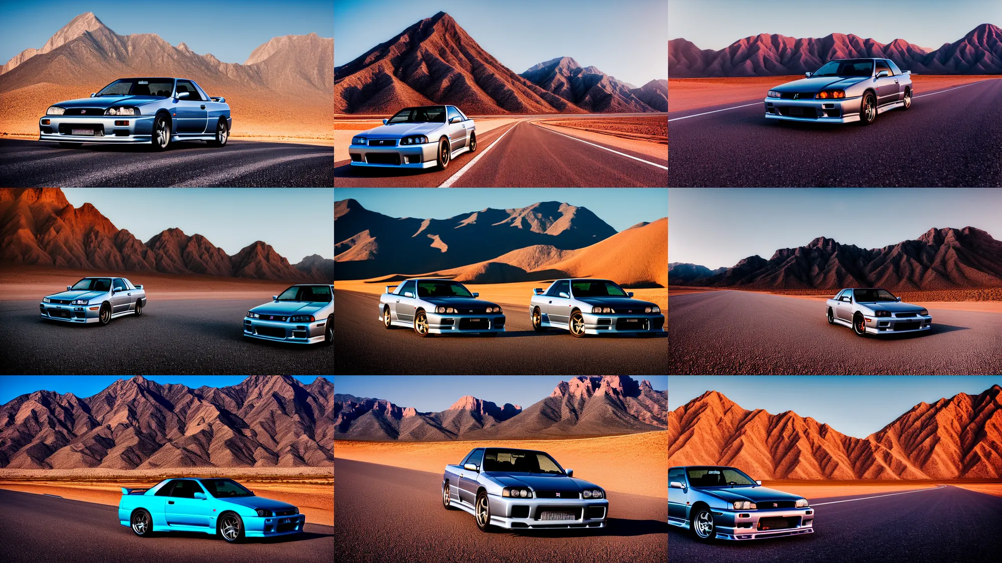 Prompt: three quarter front photo of a stock grey nissan r 3 2 skyline gt - r on a road in a desert with a mountain in the background in the early morning, car photography, zoom lens, blue hour