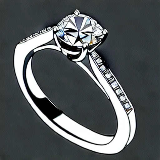 Image similar to sketch of engagement ring with two smaller diamonds outside and one bigger diamond in the middle, hyper detailed