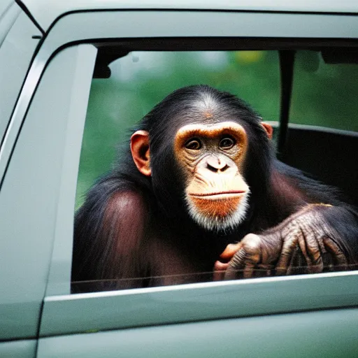 Prompt: a chimpanzee driving a car, an orangutan passenger, it's raining on the windows, Fujifilm Quicksnap 400