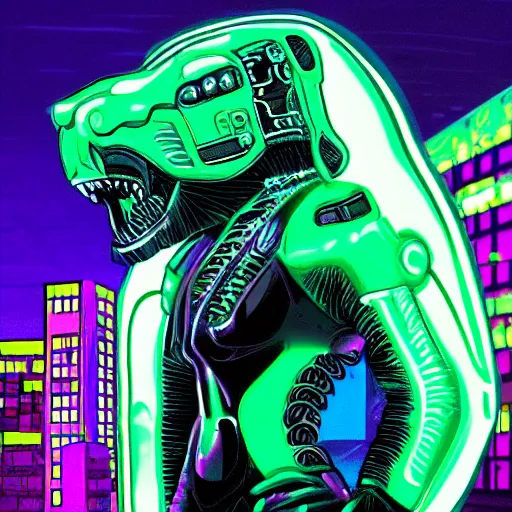 Image similar to a neon cyberpunk cyborg jaguar