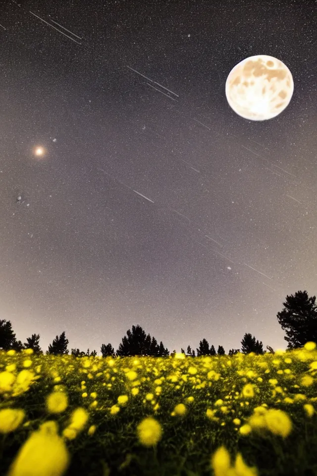 Prompt: low angle, shot from below. two very large moons in night sky. milky way in the night sky. 3 0 second shot. heavy meteor shower. field of big frozen yellow flowers. f 1. 8 lens, 1 6 mm, lens flare, bokeh. high detail. photorealistic, romantic, vibrant