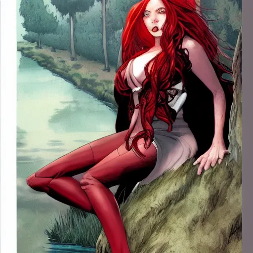 Prompt: a beautiful comic book illustration of a vampire woman with long red hair sitting near a lake by Jerome Opeña, featured on artstation