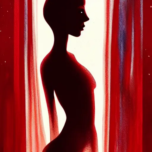 Prompt: pelham puppet behind red curtains by Conrad Roset and Nicola Samuri, medium shot, rule of thirds, seductive look, beautiful, intricate, dystopian, sci-fi, extremely detailed, digital painting, artstation, concept art, smooth, sharp focus, intimidating lighting, incredible art, details visible, very dark ambiance