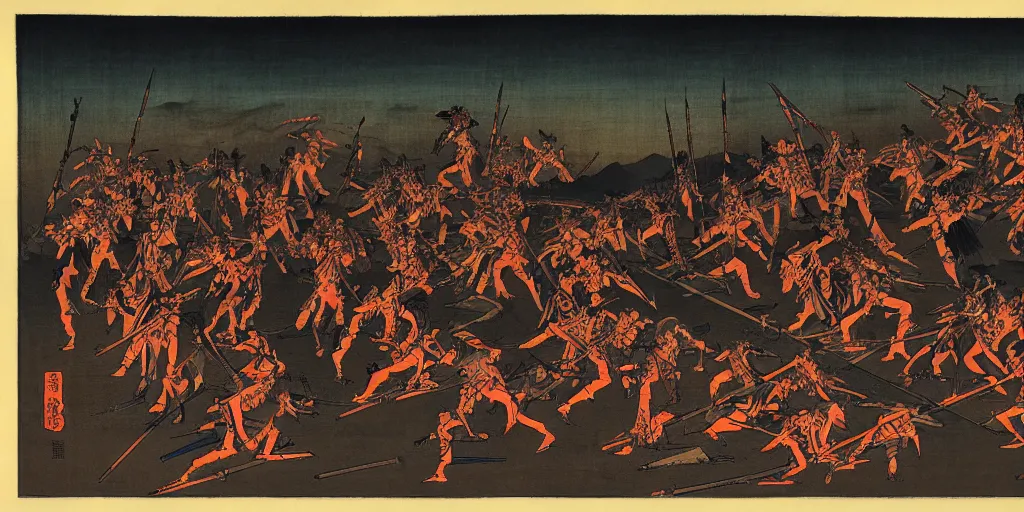 Image similar to an army of undead, at dusk, by Utagawa Kuniyoshi, dramatic lighting, high contrast colors, panoramic view, as trending on Artstation,