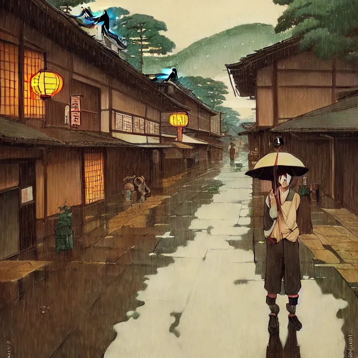 Image similar to japanese rural town, rain, in the style of studio ghibli, j. c. leyendecker, greg rutkowski, artem