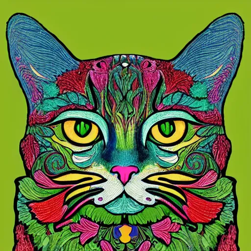 Image similar to colourful green man cat by louis wain and william morris, 8 k, artstation