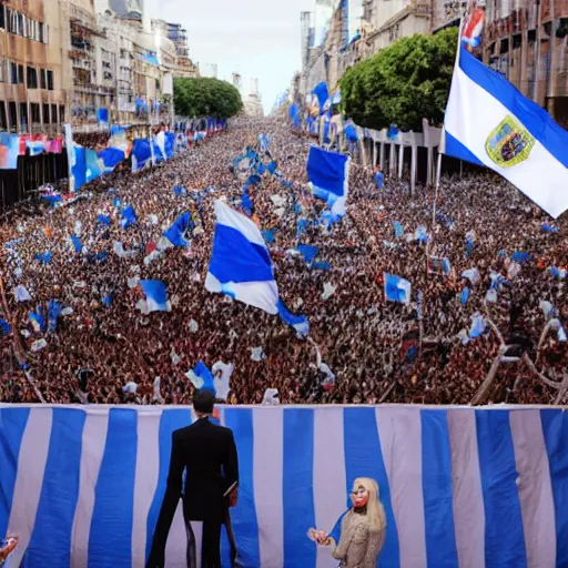 Image similar to Lady Gaga as president, Argentina presidential rally, Argentine flags behind, bokeh, giving a speech, detailed face, Argentina