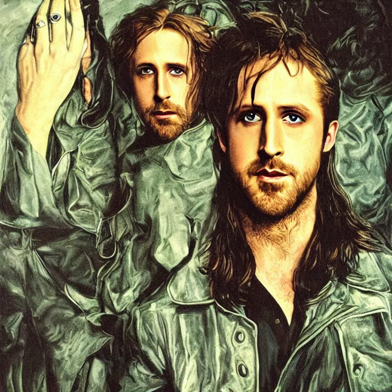 Image similar to Pre-Raphaelite portrait of Ryan Gosling as the leader of the cult 1980s heavy metal band \'Metallica\', with very long blond hair and grey eyes, high saturation