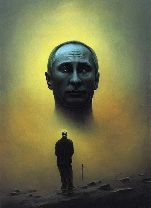 Image similar to Painting in a style of Beksinski featuring Vladimir Putin