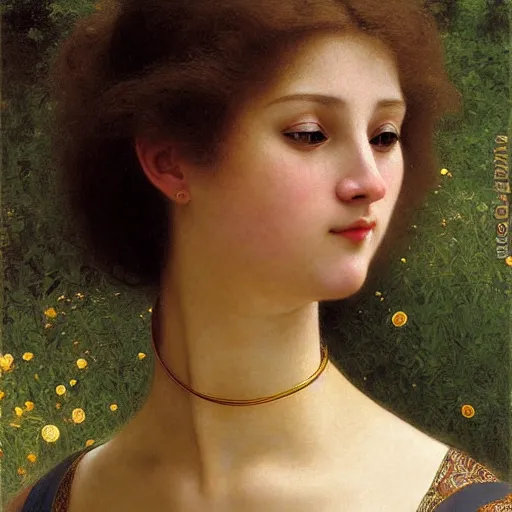 Prompt: painting portrait of a woman eating a flower, intricate, elegant, digital painting, smooth, sharp focus, shiny gold, realistic gold, realistic metal, by William-Adolphe Bouguereau and Gustav Klimt,