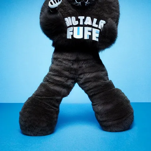 Image similar to nike fluffy mascot made of very fluffy blue faux fur placed on reflective surface, professional advertising, overhead lighting, heavy detail, realistic by nate vanhook, mark miner