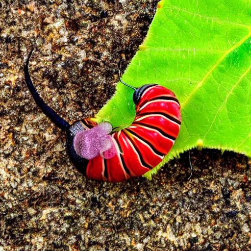 Image similar to very colorful caterpillar, fat caterpillar eats a leaf, macro, beautiful photography