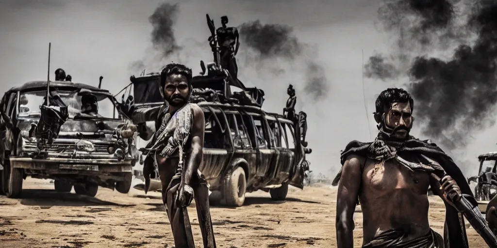 Prompt: sri lankan mad max style, city streets, film still, epic shot cinematography, rule of thirds